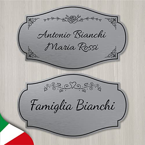 Targa nome per portone ingresso, in laminato plastico oro e argento spazzolato, incisa a laser, personalizzabile con nome e cornici. (ARGENTO - FORMA 2 -)