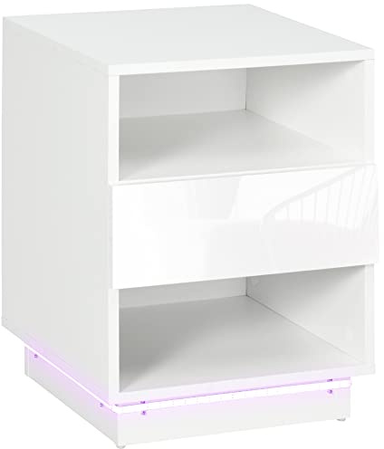 HOMCOM Table de Chevet Table de Nuit LED - tiroir, niches, Plateau - 40 x 40 x 55 cm - Blanc Brillant laqué