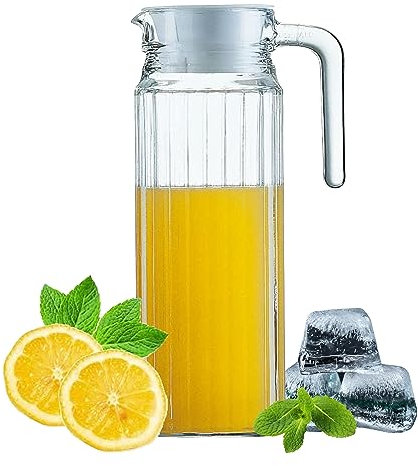 HOMESHOPA Glass Water Jug With Lid - 1.1L Pitcher Carafe for Hot/Cold Tea, Coffee, Milk & Juice Beverage - Transparent With Spout and Handle