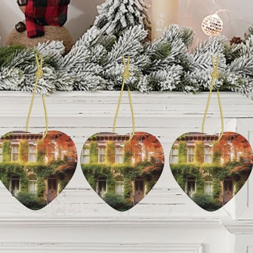 Décoration de Noël en forme de cœur à suspendre - Maisons de ville feuillues - Arbre de Noël en céramique à suspendre - Décoration d'intérieur - Étoile de Noël à suspendre