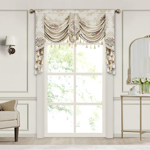 TOPLUXE Swag Valance for Windows, Floral Waterfall Valance with Tassels, Short Curtain for Bedroom Living Room Kitchen, Rod Pocket (Width 150cm, Beige)