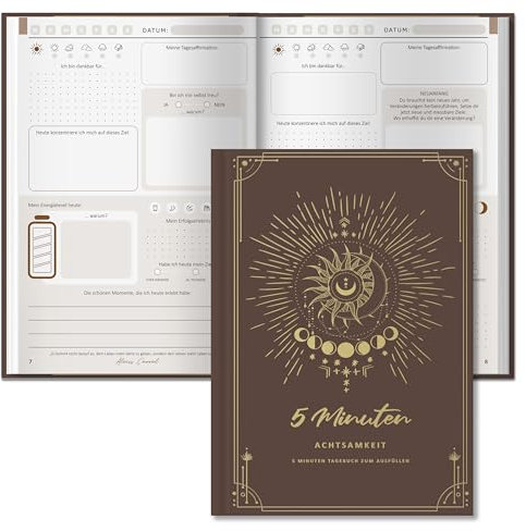 BIROYAL 5 Minuten Achtsamkeitstagebuch, Dankbarkeitstagebuch mit 192 Seiten, Journal für Persönlichkeitsentwicklung, Tagebuch zum Ausfüllen für Dankbarkeit & Achtsamkeit, Notizbuch A5, Braun