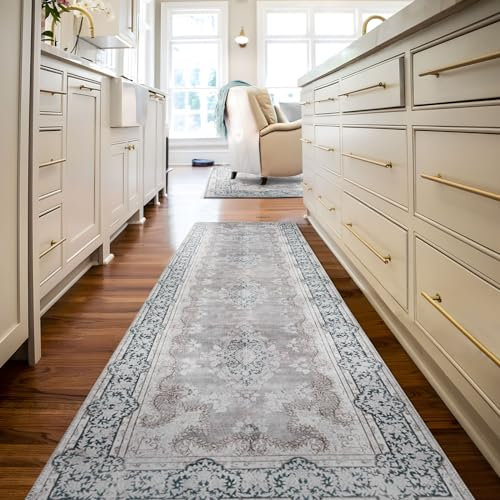 TALETA Teppich Läufer Flur rutschfest waschbar, Küchenläufer bunter Küchenteppich Vintage, Teppich Läufer für Küche, Terrasse, Treppen, Flur, Gang, grau, 80 x 300 cm