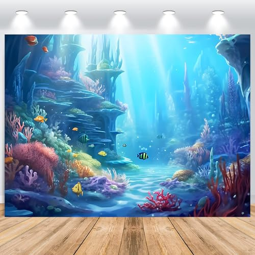 ASDCXZ Underwater Sea Bakgrund 2,2 x 1,5 m, Undervattens Tecknad Blå Hav Fisk Korall Fotografi Bakgrund Barn Födelsedag Baby Shower Party Banner Tårta Bord Dekoration Tillbehör