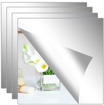 Hode 4 Piezas Espejo Adhesivo de Pared Puerta Armario, Espejo Pegatina Flexibles, Decorativos para Baño Dormitorio Sala de Estar(30x30cm)