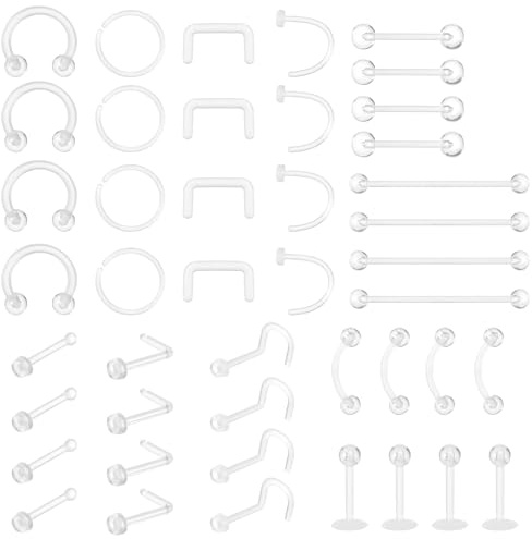 44 Piezas Piercing Septum Transparente Aro Flexible Anillo de Nariz Plásticos para Labios Cejas Pezones Lengua Ombligo
