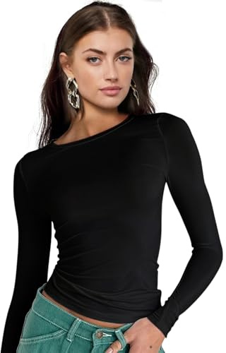 Lancry Women Basic Tops, Long Sleeve Crewneck Slim Base Layer Fit Y2K T Shirts, Fashion Going Out Crop Clothes for Ladies Girls Black