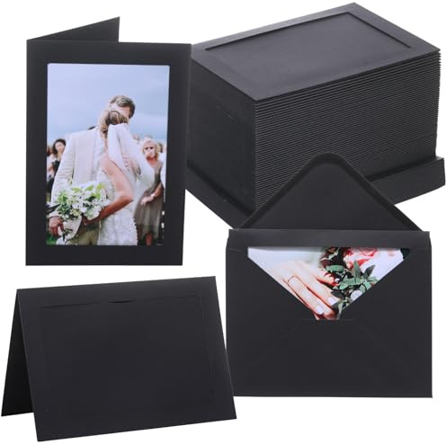 50 Pack Photo Frame Cards with Self Seal Envelopes 4x6 Paper Picture Frame Bulk Cardboard Photo Insert Card Holder for Mother's Day,Christmas New Year Wedding Birthday Classroom Crafts DIY - Black