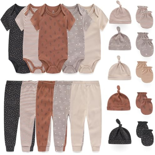Kiddiezoom Unisex Baby Layette Essentials presentset kläder set 19 delar för nyfödd baby, Djupt kaffe, 3-6 Months