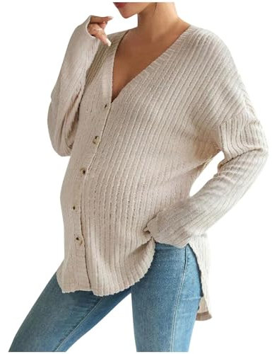 SMUXP Damen-Umstands-Strickjacke, langärmelig, Button-Down-Shirt, Still-Top, lässig, Schwangerschaft, Strickpullover, 2025, Frühling, Herbst, Mama-Kleidung, khaki, L