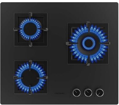 Cecotec Placa de Gas 3 Fuegos para Gas Natural y Butano Bolero Squad G 3800S Eternal Nano Glass. 10,35kW, Cristal Negro Mate, Parrillas Individuales de Hierro Fundido, Quemador Eternal con Soporte WOK