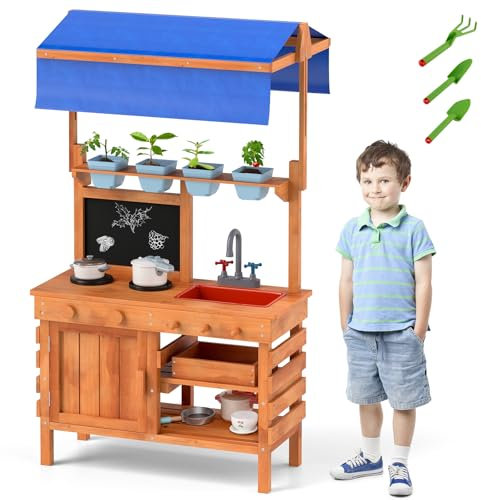 COSTWAY Cuisine Extérieure Enfant avec Tableau Noir & 4 Tasses de Plantation & 3 Outils, Cuisine de Boue en Sapin avec Auvent Réglable, Évier & Tiroir, Cuisine Boueuse pour 3 Ans+, 136x77x56,5cm