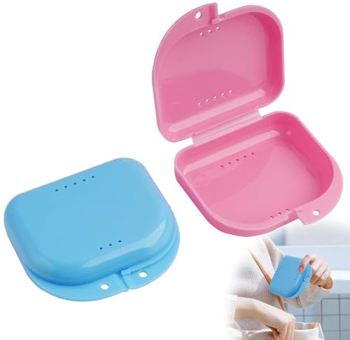 Set de 2 Estuches para Aparatos Dentales y Ortodónticos, Cajas Protectoras Impermeables y Resistentes, para Dentaduras Postizas y Protectores Bucales, Colores Rosa y Azul, Tamaño Compacto