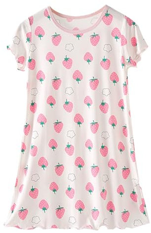 duxyoz Girls Nightdress Nightgown Sleepwear Nightie Short Sleeve Nightwear Soft Modal Nightwear Pajamas Kids Sleepshirt Cute Printed Summer Pjs Dress Ruffle Round Neck Comfy Nightshirts 14-15 Years