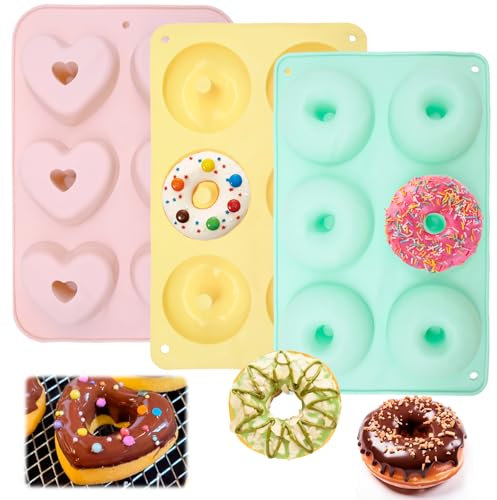 LPEPLL Set de 3 Moules à Donuts en Silicone, Formes Cœur et Rond, Moules Antiadhésifs Réutilisables pour Gâteaux, Pâtisseries et Desserts au Four
