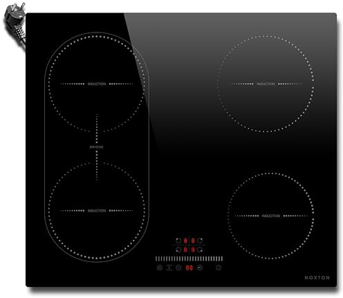 NOXTON Piano Cottura Induzione 4 Fuochi, 3500W Piano Cottura Elettrico Domino Incasso 4 Piastre con Spina, 60 cm Piastra Induzione con Flessible Zone Nero, Toccare, Blocco di Sicurezza, 220 V-240 V