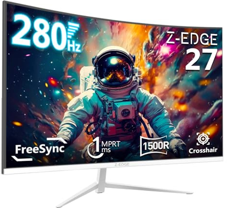 Z-Edge 27 Zoll Curved Gaming Monitor 280Hz (DP) 240Hz (HDMI) 1ms MPRT Full HD LED Monitor, 350cd/m² Helligkeit, 16:9 Curved Bildschirm, FreeSync, HDMI 2.0 & DisplayPort 1.2 - Weiß