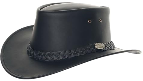 Genuine Leather Australian Bush Hat with Braided Band Black and Brown (UK, Alpha, L, Black)
