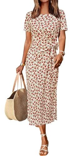 Newshows Damen Sommerkleid Blumenmuster Langes Maxikleid Bindegürtel Taillenbund Lässiges T Shirt Sommerkleid Rosa Blumenmuster Gelb,XL