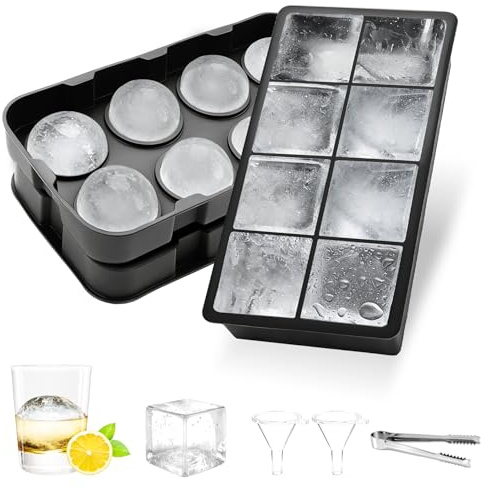 2 Pezzi Cubetti Ghiaccio Silicone, Stampo Ghiaccio Grande & Ice Ball Maker con Imbuto, Senza BPA, Stampi Ghiaccio Impilabili per Cocktail, Whisky, Frutta, Lavabile in Lavastoviglie