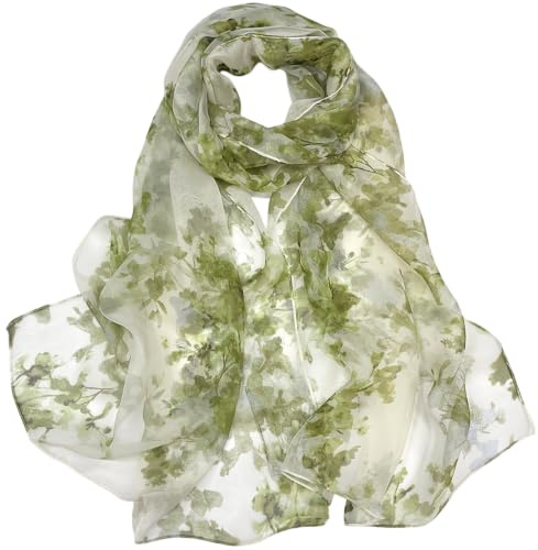 FAIRYGATE Womens Scarf Lightweight Green Flower Floral Print Chiffon Head Scarves for Women UK Soft Summer Accessory Sage Green Ladies Scarfs Gifts 63 x 20 Inch (160 x 50 cm) C3731