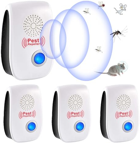 Repelente Ultrasónico de Plagas, 4 Pack Electrónico Repelente Mosquitos Control de Plagas, Repelente Ultrasónico Mosquitos para Anti Moscas, Ratones, Cucarachas, Arañas, Roedores