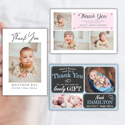 New Baby Thank You Cards Personalised Birth Announcement Photo Girl or Boy - Various designs