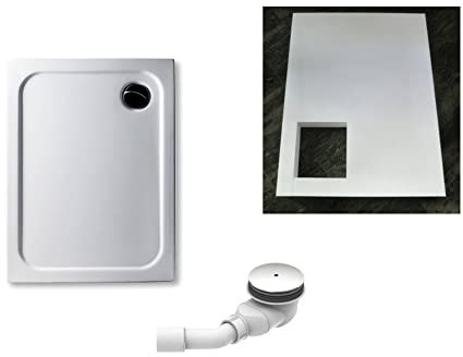 KOMPLETT-PAKET: Duschwanne 110 x 90 cm, superflach 2,5 cm weiß Acryl, Dusche mit GERADER UNTERSEITE + Styroporträger/Wannenträger + Ablaufgarnitur chrom DN 90