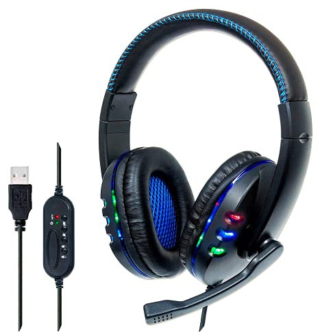 Manhattan USB-Gaming-Headset mit LEDs für PC, Mac, PS3 & PS4, verstellbares Mikrofon, integrierte Audiobedienelemente, integriertes USB-Kabel mit 1,8 m Länge, schwarz/blau, 176088