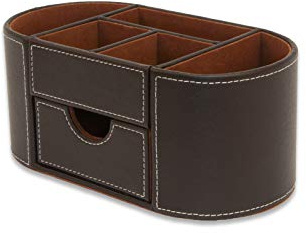 OSCO Organizer da scrivania in ecopelle marrone con cassetto, organizer da scrivania, portapenne, contenitore per trucchi, portapenne, 6 scomparti, contenitore per cancelleria, 10 x 23 x 12 cm