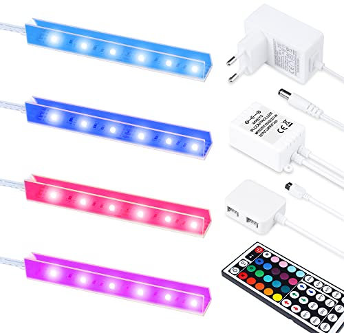 4-teiliges Set Glasbodenbeleuchtung, LED, transparenter unsichtbarer Clipschrank, Vitrinenbeleuchtung, Glaskantenbeleuchtung, RGB-Farbwechselfunktion, 20 Farbwechsel Schrankbeleuchtung