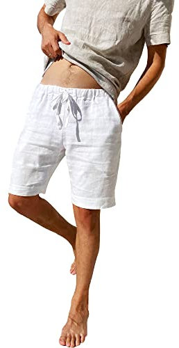 LVCBL Leinenhose Herren Kurz Leinen Shorts für Herren Klassische Passform mit Taschen Weiß XL