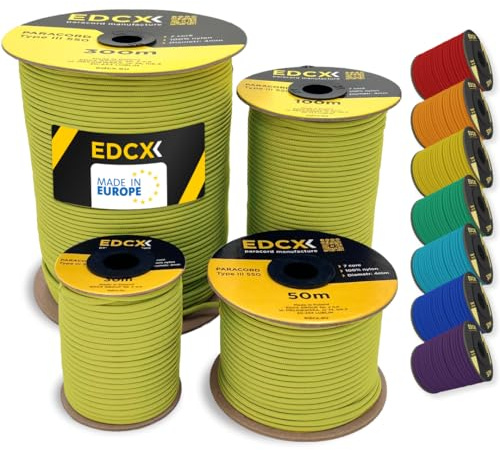 EDCX 4mm Nylon Paracord 550 30m (100 fot) - Typ III, 100% nylonrep, 7-trådsrep, 4mm nylonrep i enfärgade färger (Yellow, 30 m)