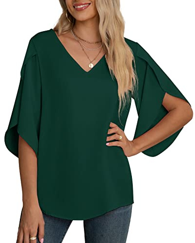 Yommay Blusa de gasa para mujer, elegante, casual, suelta, 3/4, manga dividida, cuello en V, blusa de verano, verde oscuro, 3XL grande