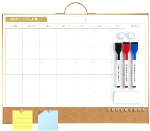 ARCOBIS Dry Erase Calendar with Cork Board for Wall, 12x16 Double-Sided Calendar Whiteboard & White Board with Gold Frame, Magnetic Monthly Planning Board for Home, Office, School