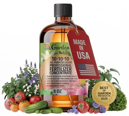 Gardenera Premium 10-10-10 All Purpose Liquid Plant Food - Professional Grade Garden Fertilizer Concentrate for Lawns, Trees, Plants, Vegetables, Fruits & Flowers - Makes 48 Gallons - (8 OZ)