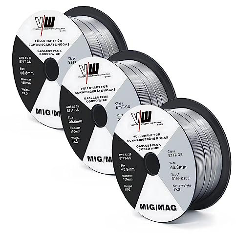 MIG MAG - Alambre de soldadura E71T-GS, 3 rollos de alambre de relleno, D100/S100, 1 kg, diámetro de 0,8 mm VECTOR WELDING