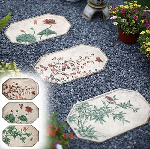 Pietre da Giardino Fiore di Prugna Bambù Loto Stepping Stone Outdoor, Pietre Decorative Vibranti per Giardino, Pietra da Calpestio Personalizzata da 1 di Spessore, Elemento Verde Rosso ( Color : 3 pa
