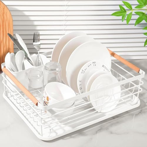 TDSYDS Dish Drainer,Draining Rack,Draining Basket with Utensil Holder with Drip Tray for Kitchen Worktop,42.5x32x15cm,Kitchen Utensil Storage（white
