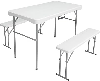 KG KITGARDEN - Faltbares Picknick-Set + 2 Bänke, 113 x 62 x 71 cm, weiß – zusammenklappbar