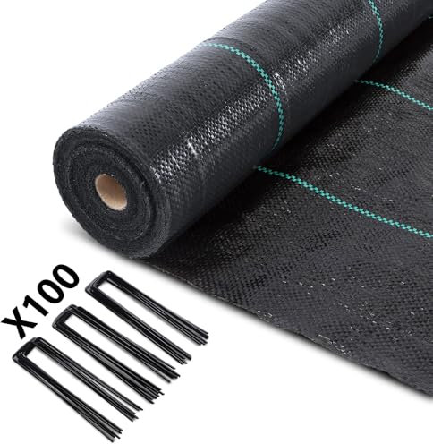 VOUNOT® Malla Antihierbas con 100 Clavijas de Jardín, Tela Geotextil para Control de Maleza, 1 m x 50 m, 100 g/m², Resistente a la Rotura y Estabilizada contra UV