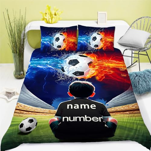 CHEFFS Linge de Lit Football Personnalisable Nom Housse 200x200cm | Motif football personnalisable avec nom, fermeture éclair cachée, tissu doux respirant 200×200cm