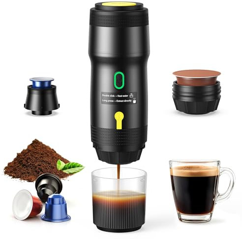 Portable Electric Espresso Machine, Car Self-Heating Coffee Maker with USB-DC, Travel Coffee Machine for Camping, Compatible With NS Capsules & Ground Coffee, Portable Coffee Maker for Hiking, RV,Home