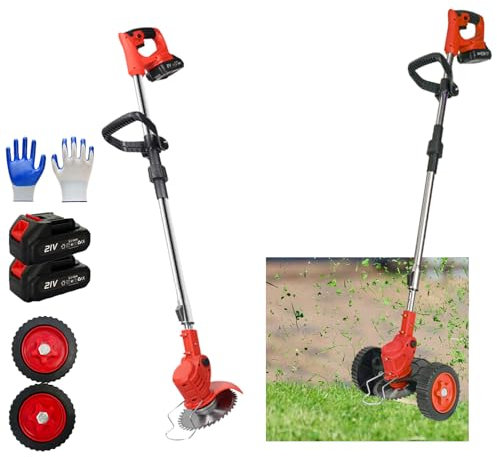 Hooha Elektro Rasentrimmer Akku 2 x 21V Cordless Freischneider Bürstenloser Gartentrimmer Leicht Rasenmäher 90° Drehkopf, Tragbarkeit Radkantenschneider Set für Garden/Rasen/Farm/Dornbusch Trimmen