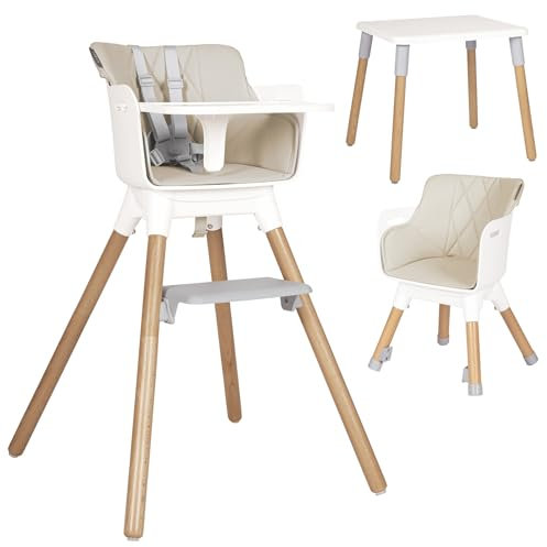 Olmitos – Trona bebé Convertible 2 en 1 Mesa con Silla para Niños KOMBO - Seguridad, Madera de Haya, Arnés de 5 Puntos, Plegable y Ajustable – 6+ meses hasta 15kg (Beige)