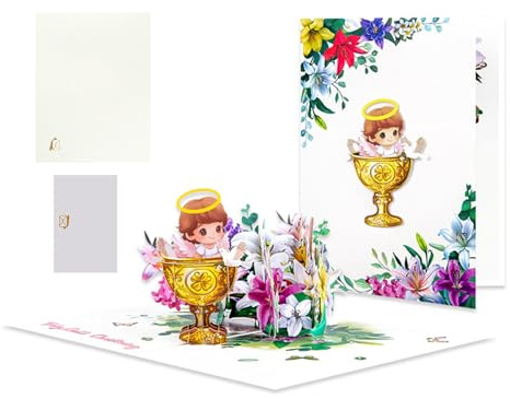 Tarjeta emergente, tarjeta de felicitación de cáliz dorado, decoración religiosa 3D, tarjetas de recuerdo hechas a mano (diseño colorido), baby shower, bautizo, regalo de primera comunión