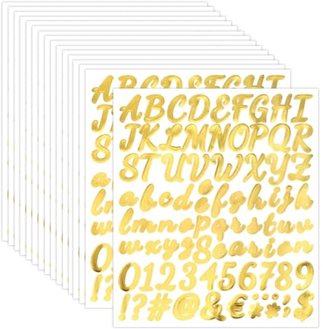 lasuroa 16 Sheets Gold Letter Stickers, 1 Inch Self-Adhesive Alphabet Number Decals Waterproof Glitter Letters for Graduation Cap Water Bottle Scrapbook Home Decor