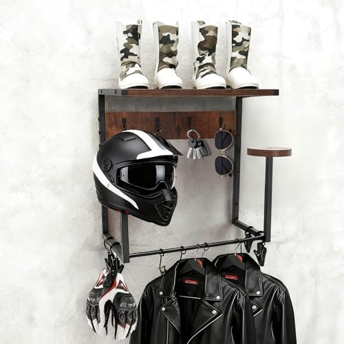 CASDUCT Colgador Casco Moto Pared Perchero para Casco Soporte para colagar el Casco y la Chaqueta Gancho Con Tablero de Madera de 1 Capas para Guardar Accesorios de Motocicleta