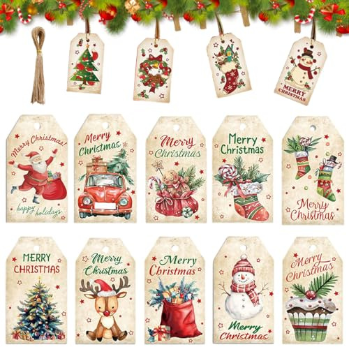 AFCJLTO 50pcs Etiquetas de Papel Kraft Navidad, Etiquetas de Navidad, Etiquetas de Regalos para Navidad con 50pcs Cuerda de Yute, 6 Patrones Calados y 10 Patrones Impresos,Regalos(Estilo B)