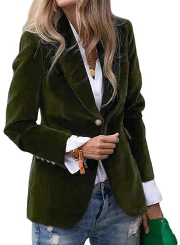 Blazer de terciopelo para mujer, cárdigan casual de negocios con botones, blazer de solapa con muesca, ajuste entallado vintage con un botón para traje de trabajo de oficina, Ejercito Verde, S